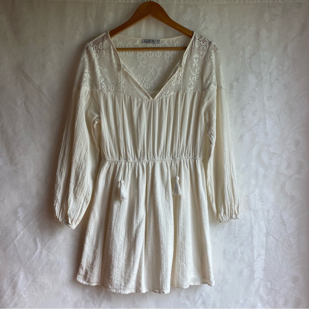 Cotton On 100% Cotton Long Sleeve Ivory White Dress Boho Eyelet Womens Small S
